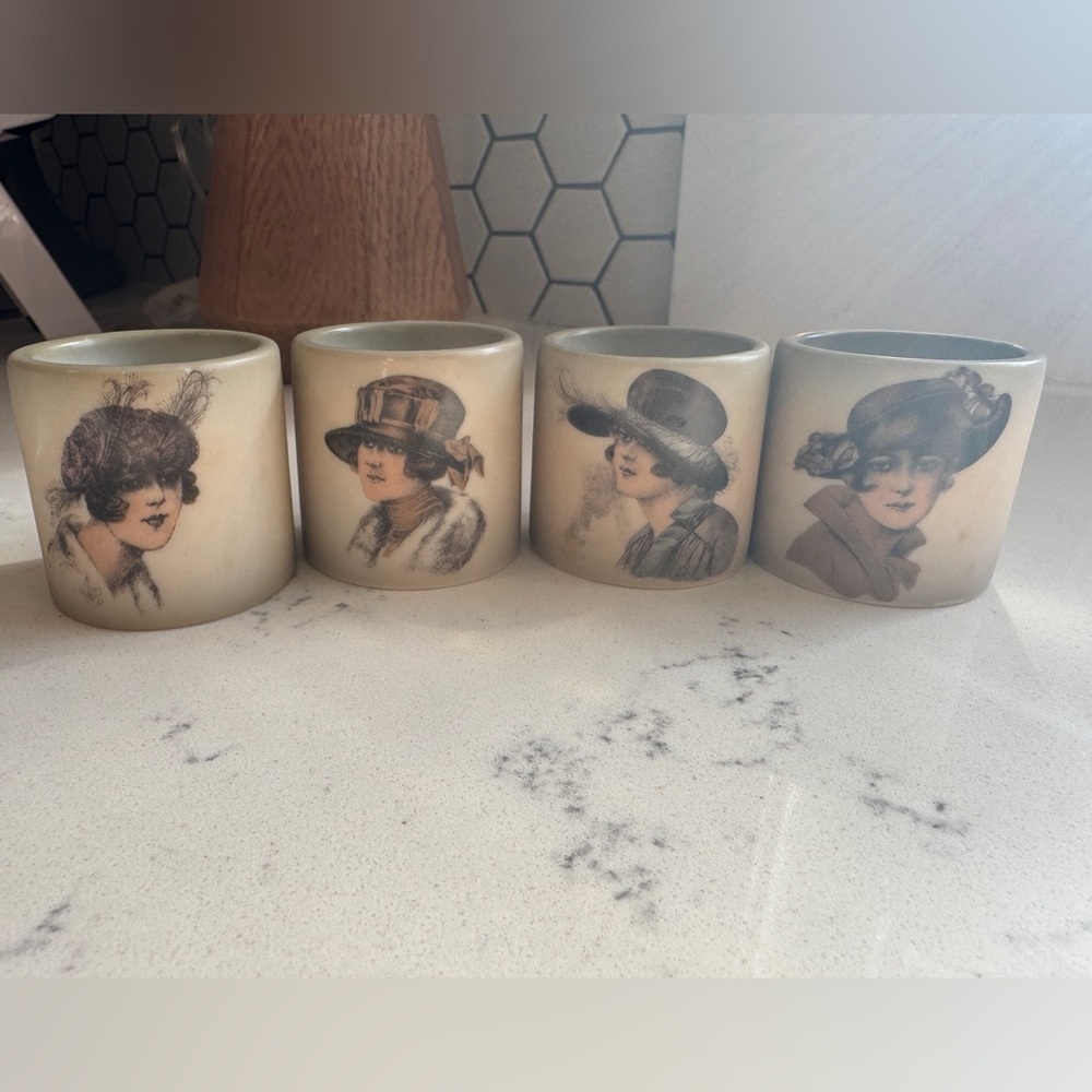 Rare Art Deco 1920's Painted Porcelain Napkin Rings Depicting 4 Flapper Girls